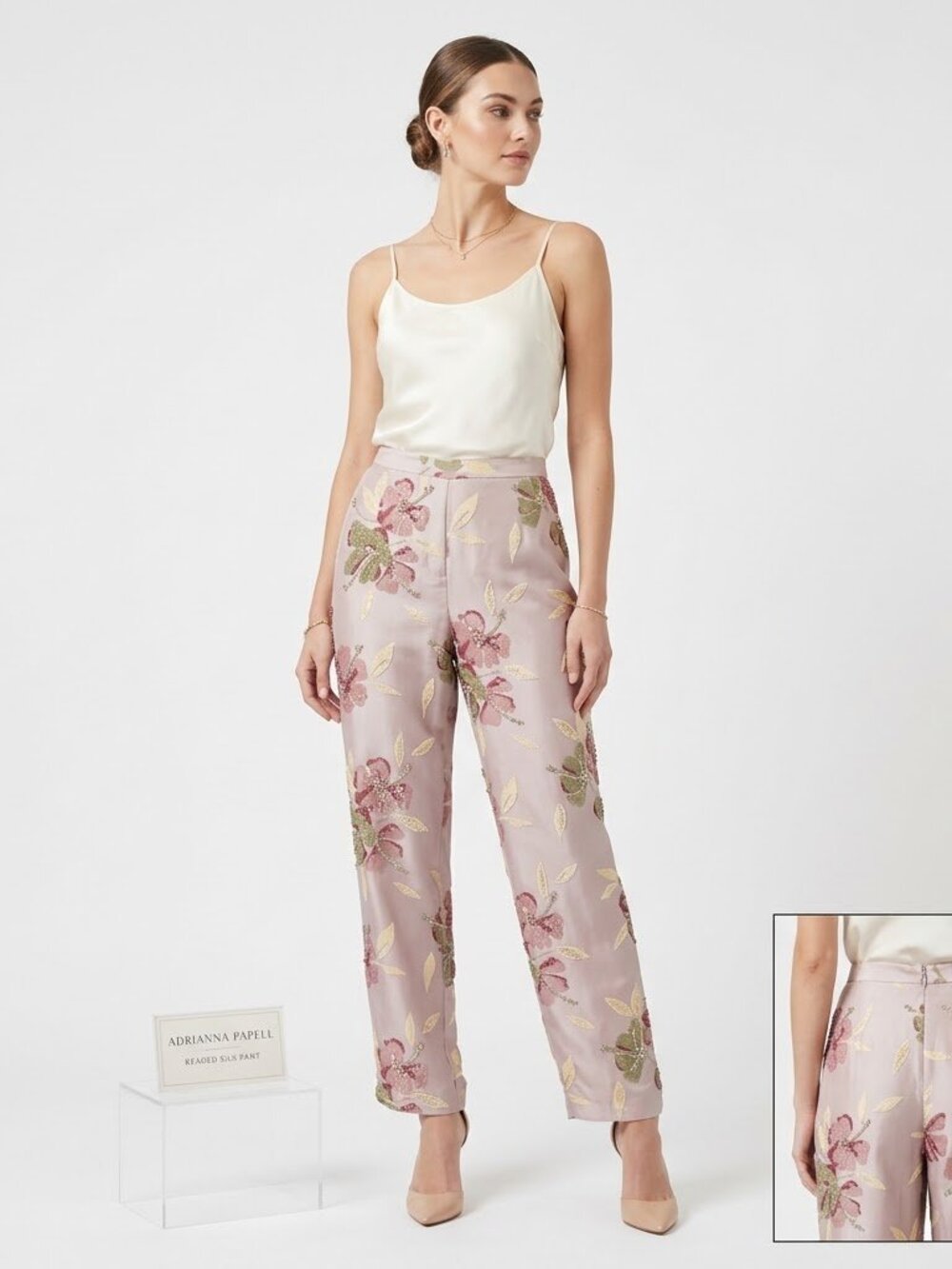 Adrianna Papell Silk Beige Floral Wide-Leg Pants
